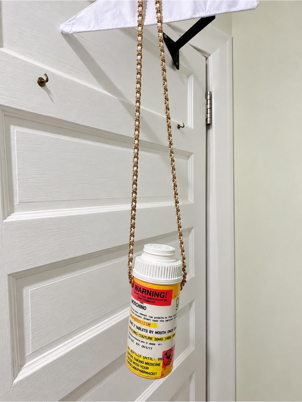 Moschino White, Yellow and Red Pill Bottle Crossbody Bag with Gold Chain - Picture 2 of 5